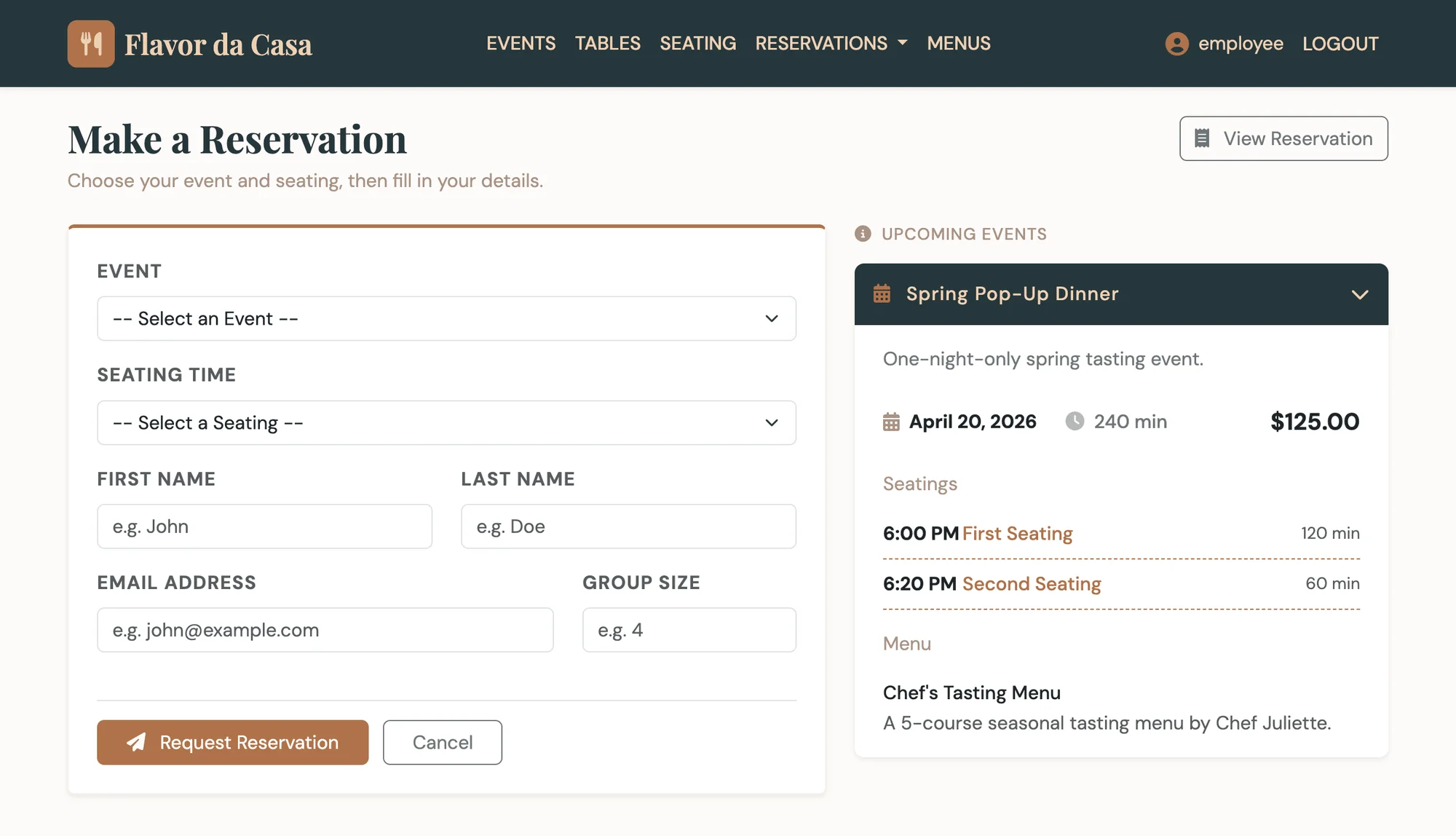 Flavor da Casa reservation form