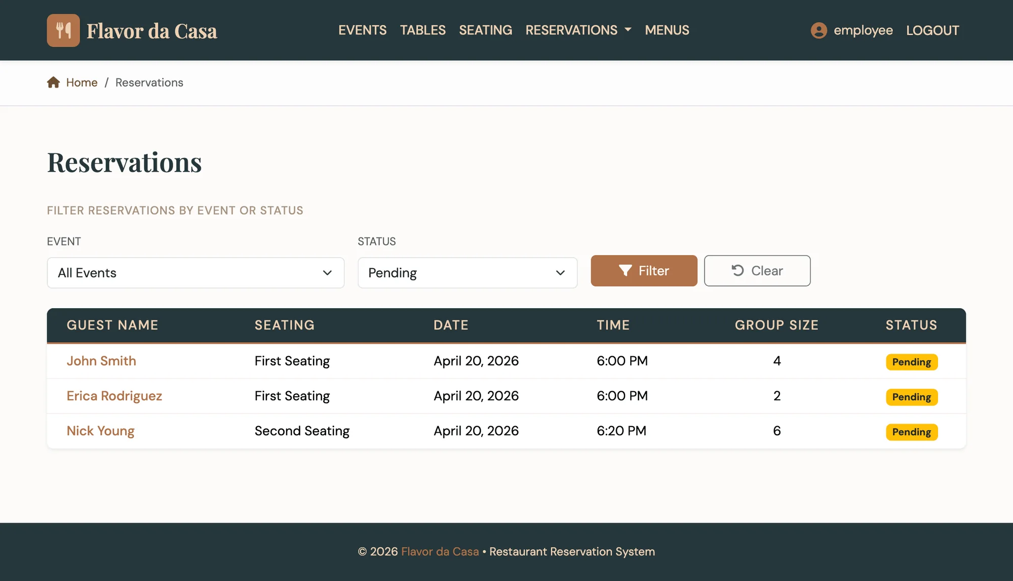 Reservation Dashboard - filterable by event and status, with color-coded badges