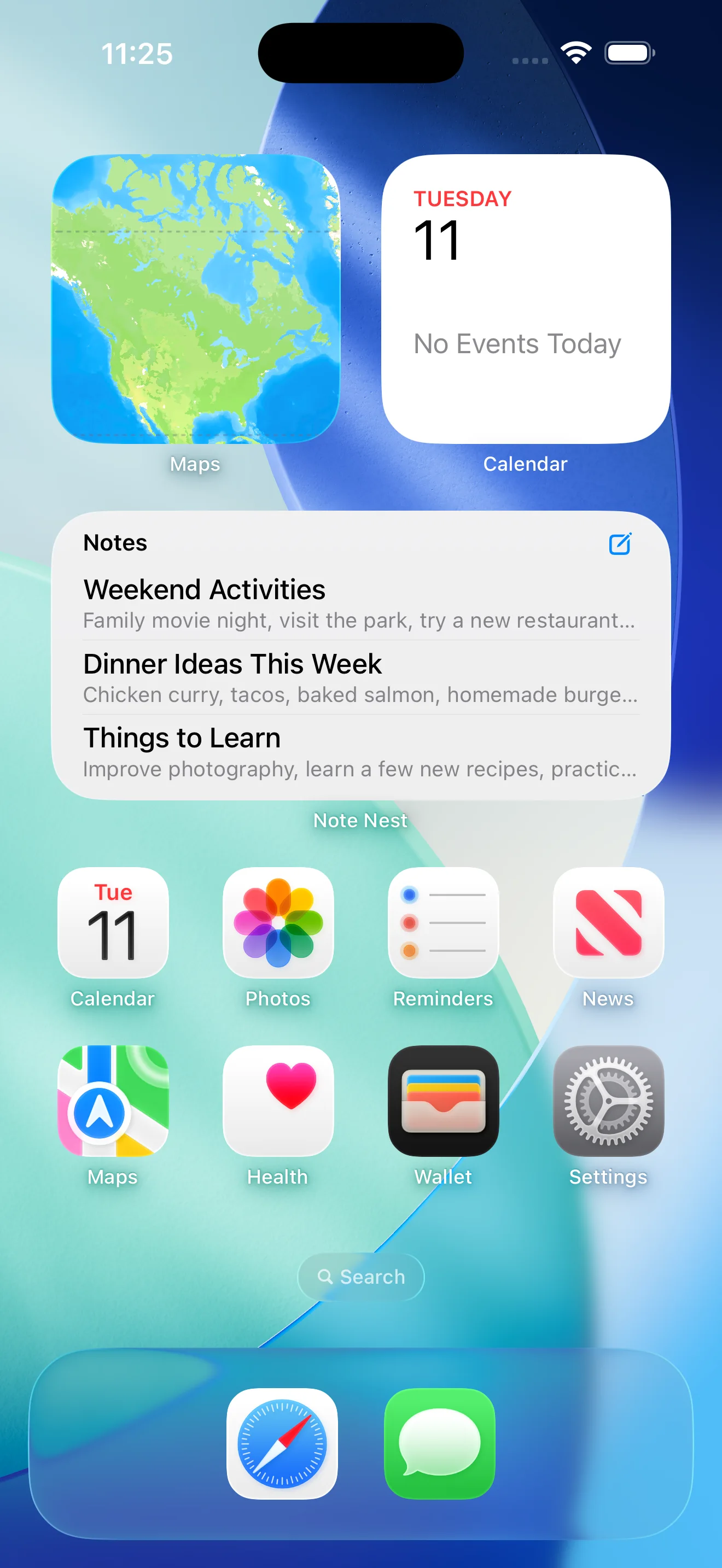 The Note Nest Home Screen widget showing recent note previews.