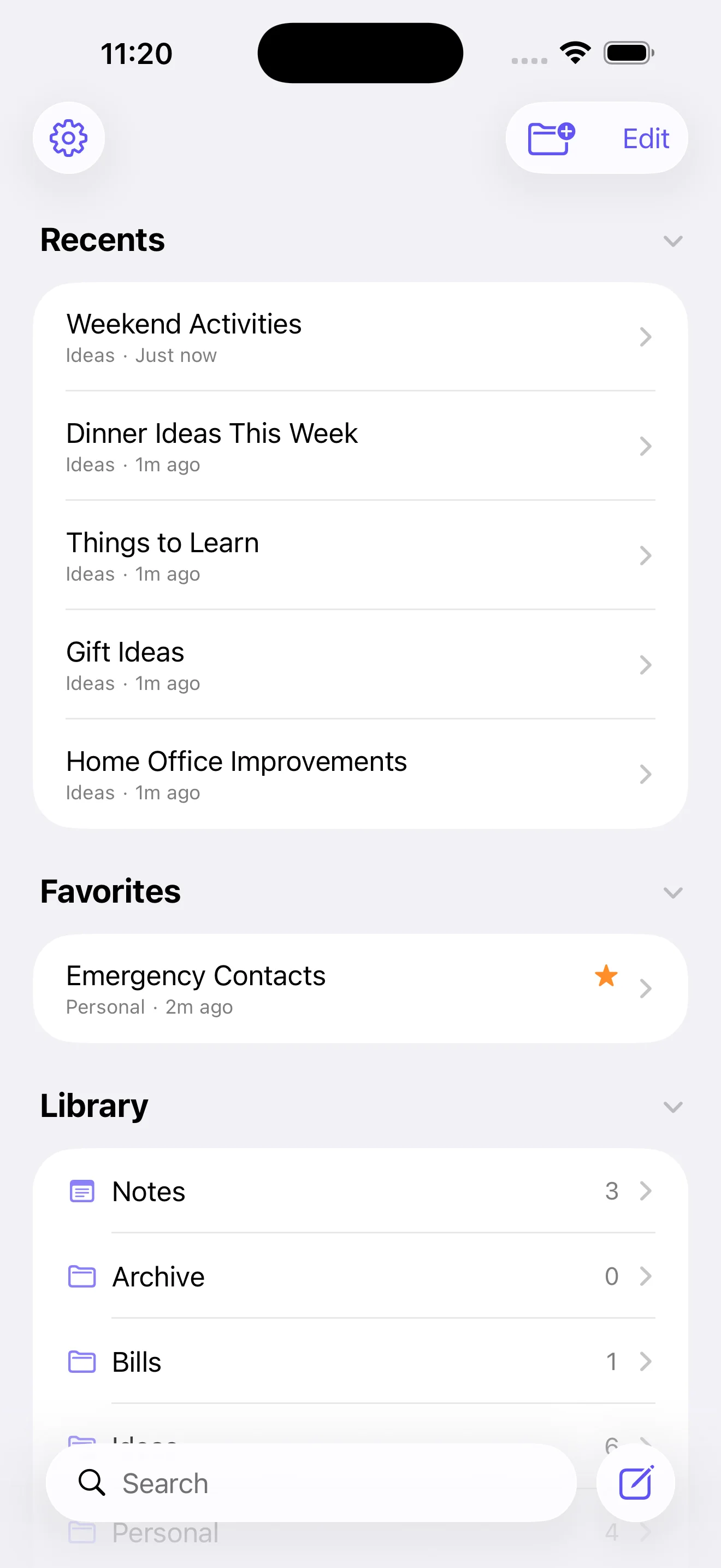 Note Nest library with Recents, Favorites, folders, search, and quick capture.