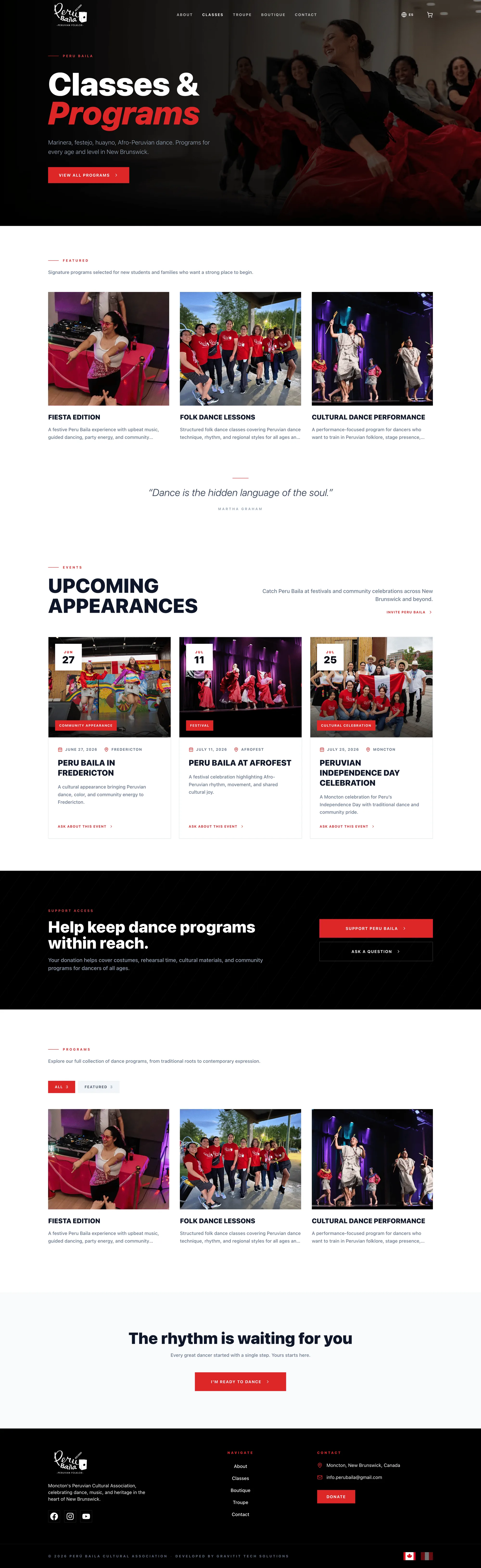 Classes page with public program entry points and upcoming appearances