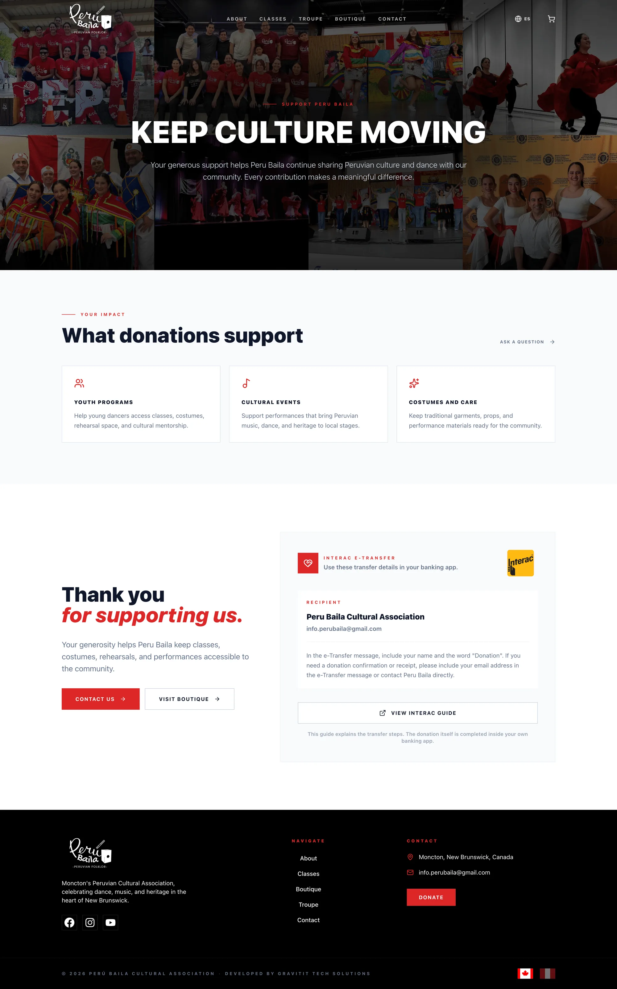 Donation page with Interac e-Transfer guidance and support messaging