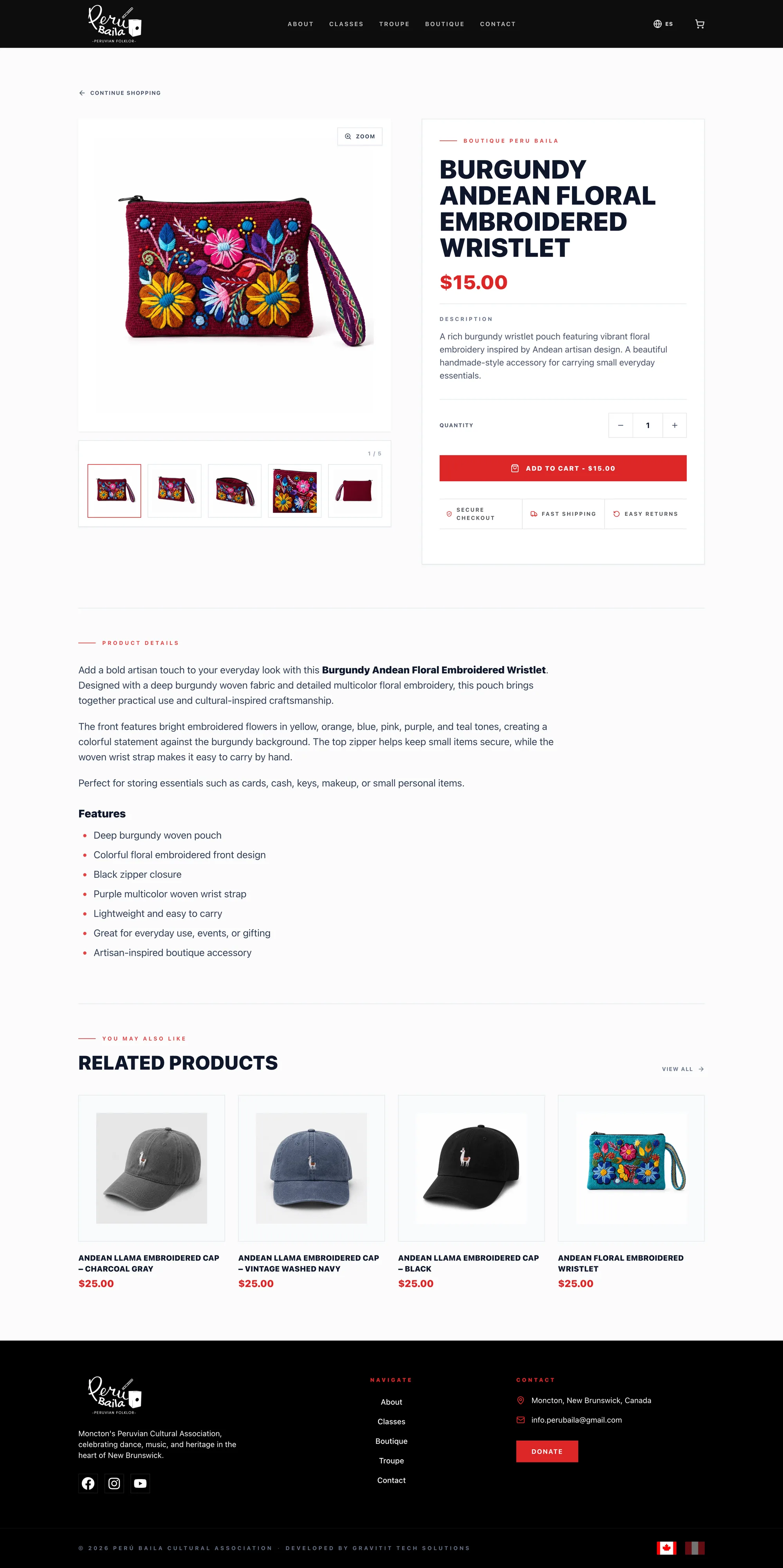 WooCommerce-connected product detail page with gallery, quantity, and cart flow