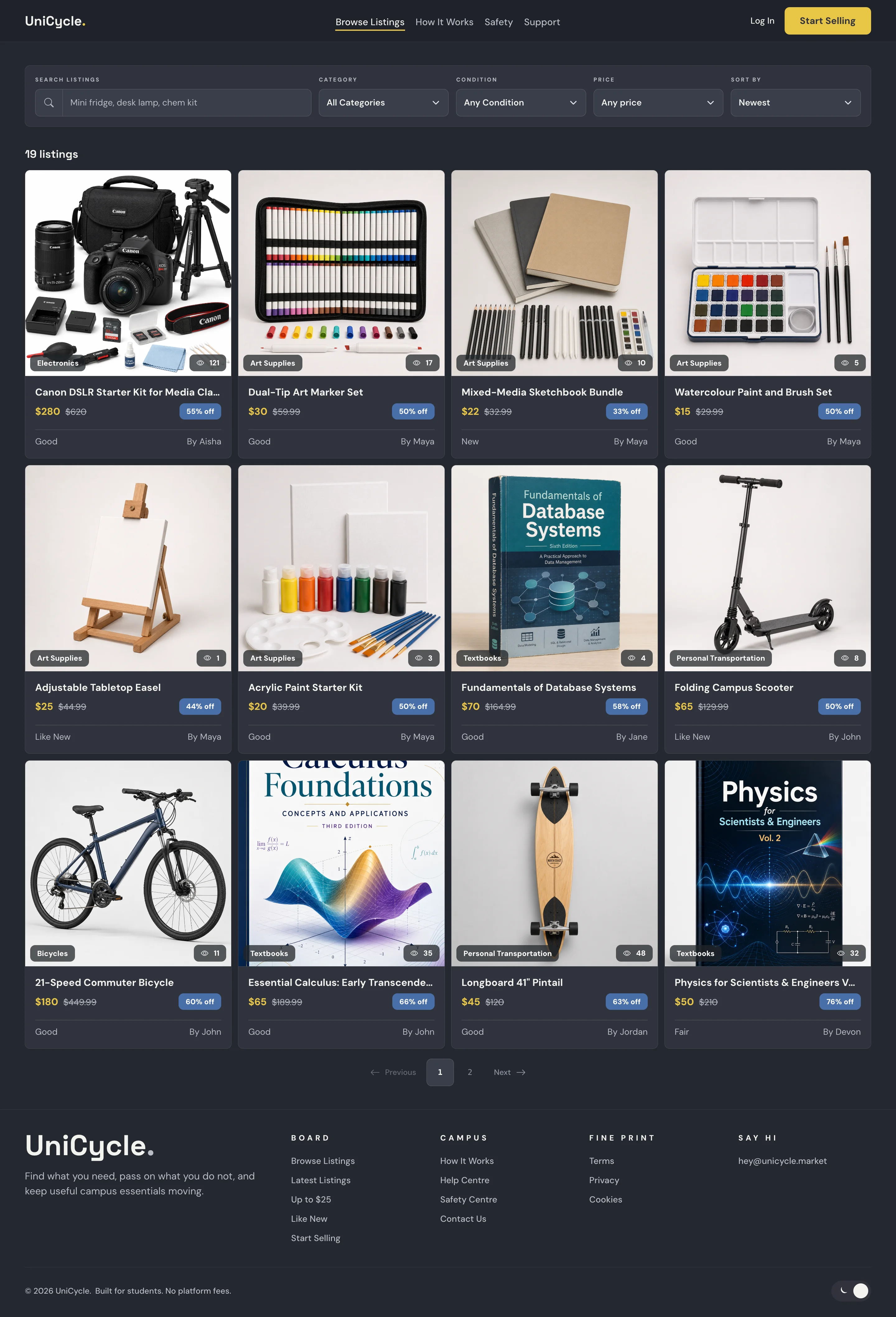 Closed-loop marketplace board with compact search filters, condition badges, and discount pill tags.