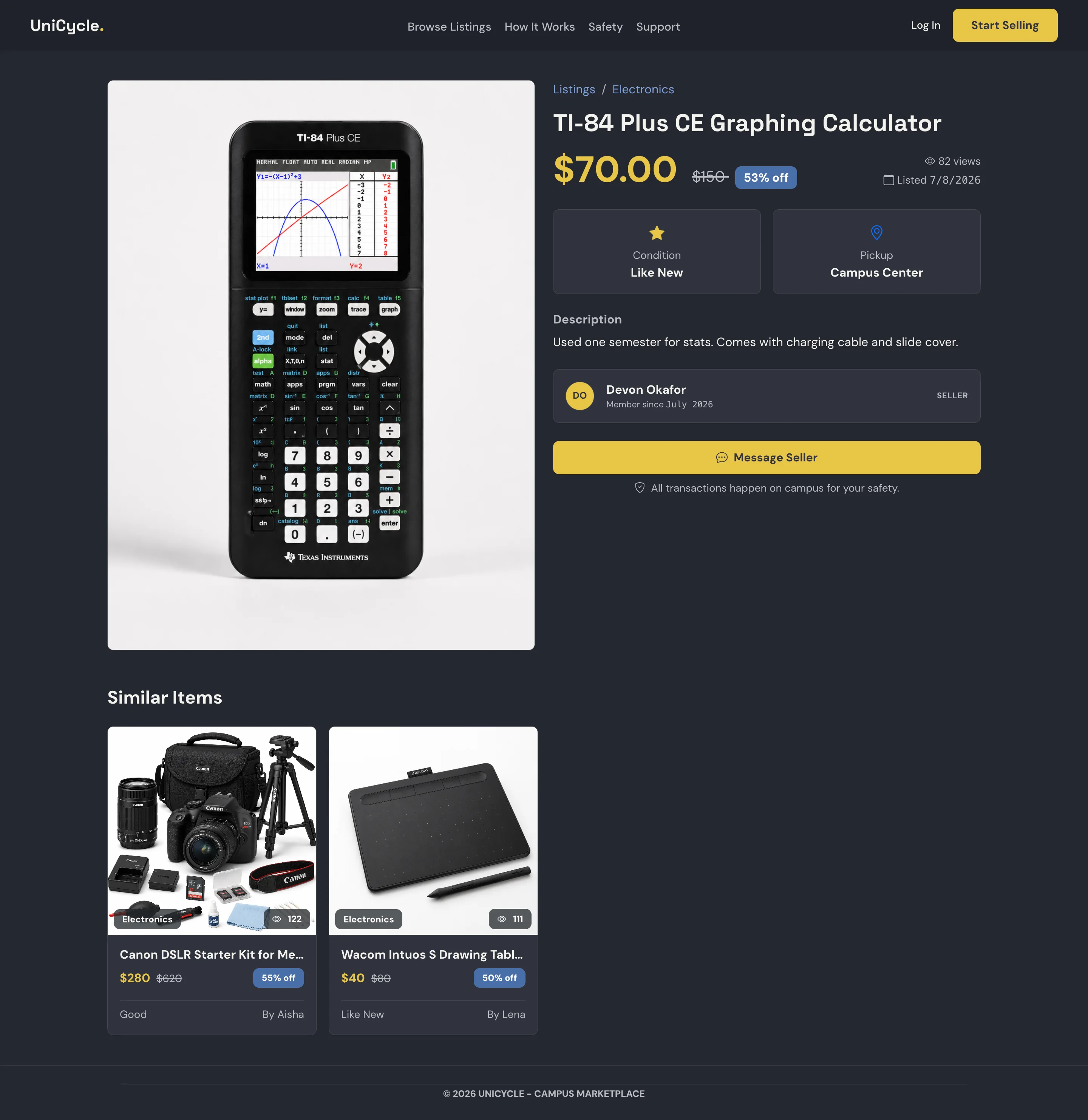 Listing detail view showing pricing, seller context, campus handoff guidance, saved-item controls, and the direct-message entry point.