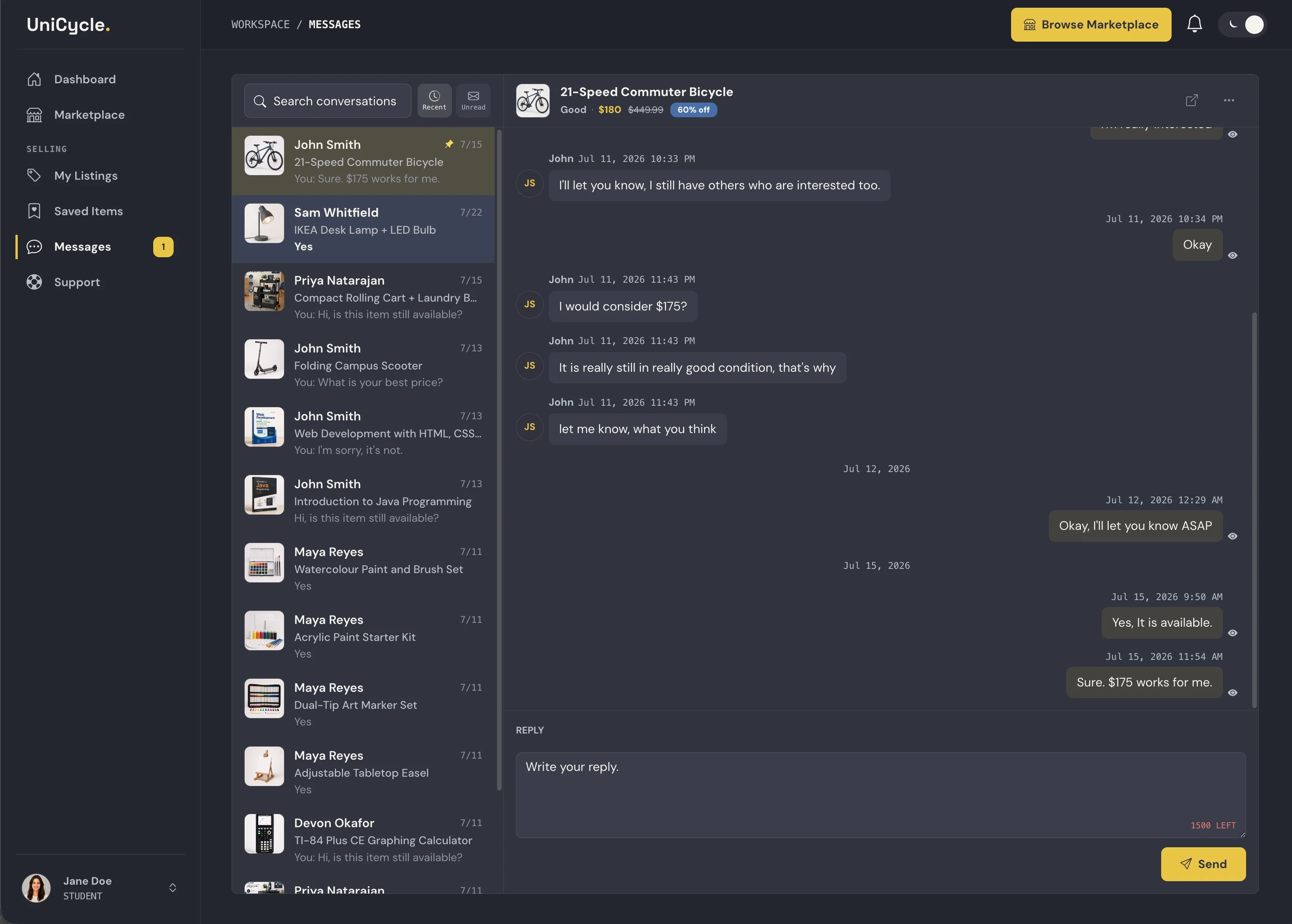 Student inbox with listing-linked conversation context, persistent threads, read state, timestamps, and reply controls.