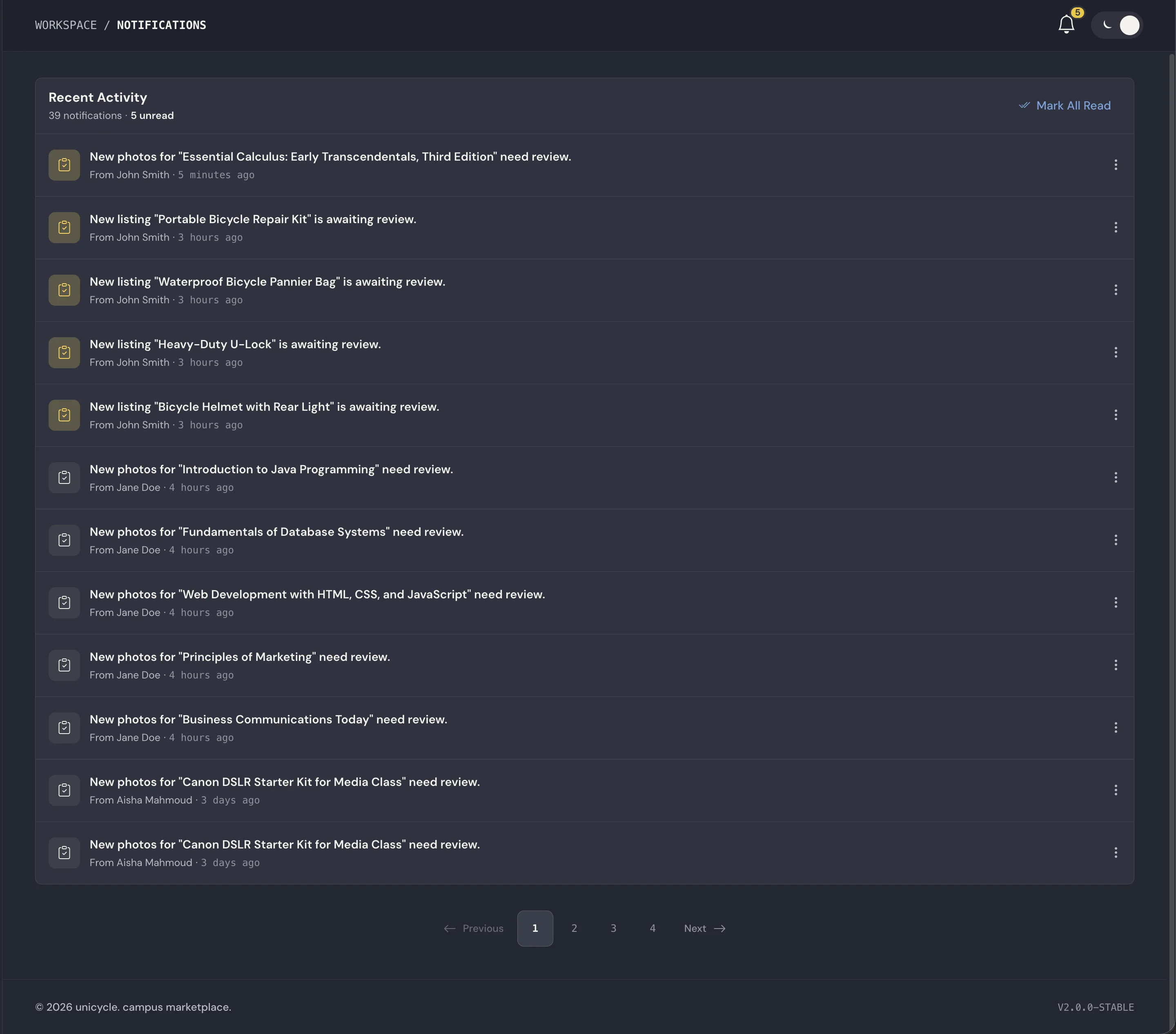 Persistent notification ledger connecting header badges to listing-review, support, and message events.