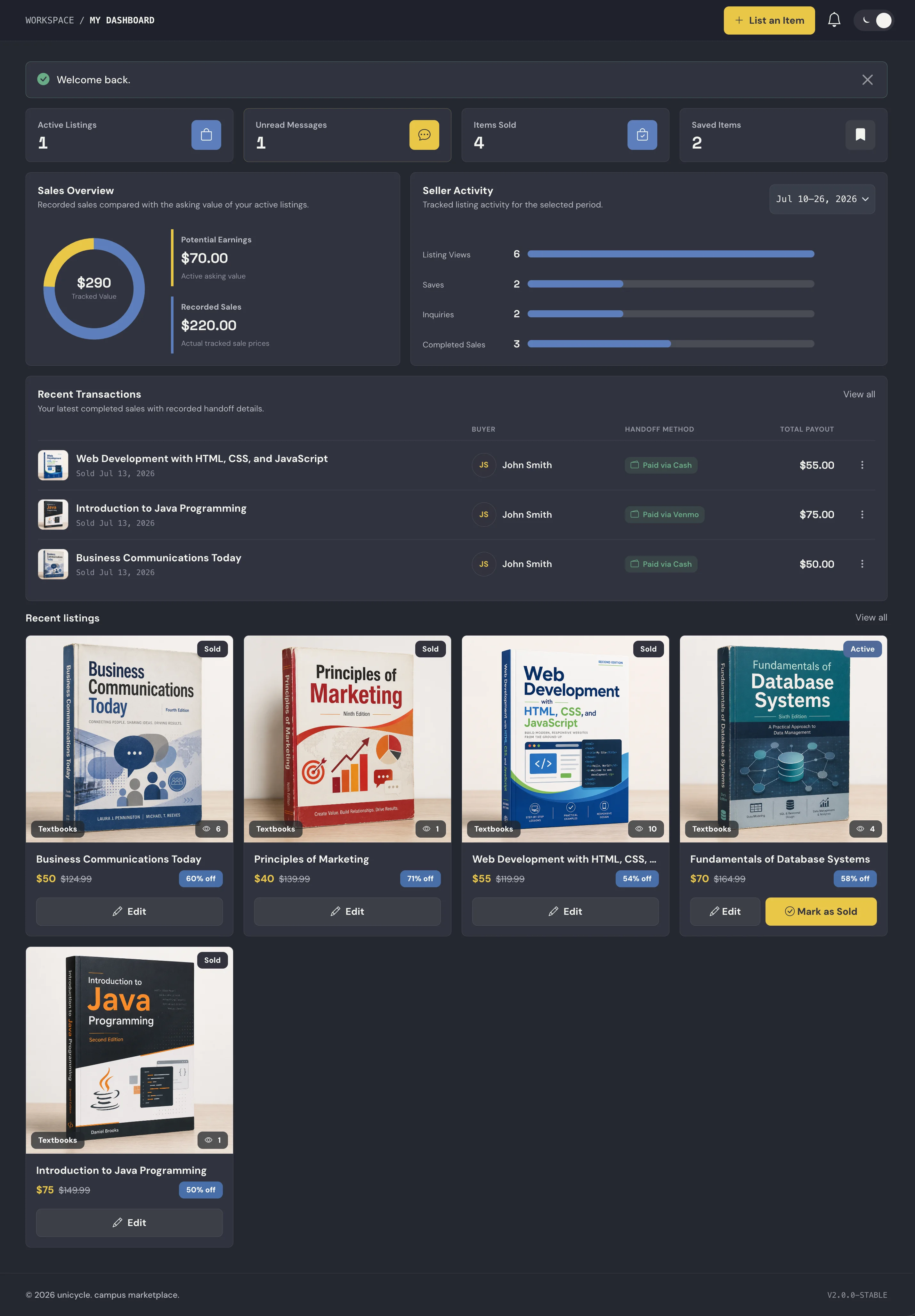 Student workspace combining seller metrics, recorded transactions, activity data, and listing-management actions.