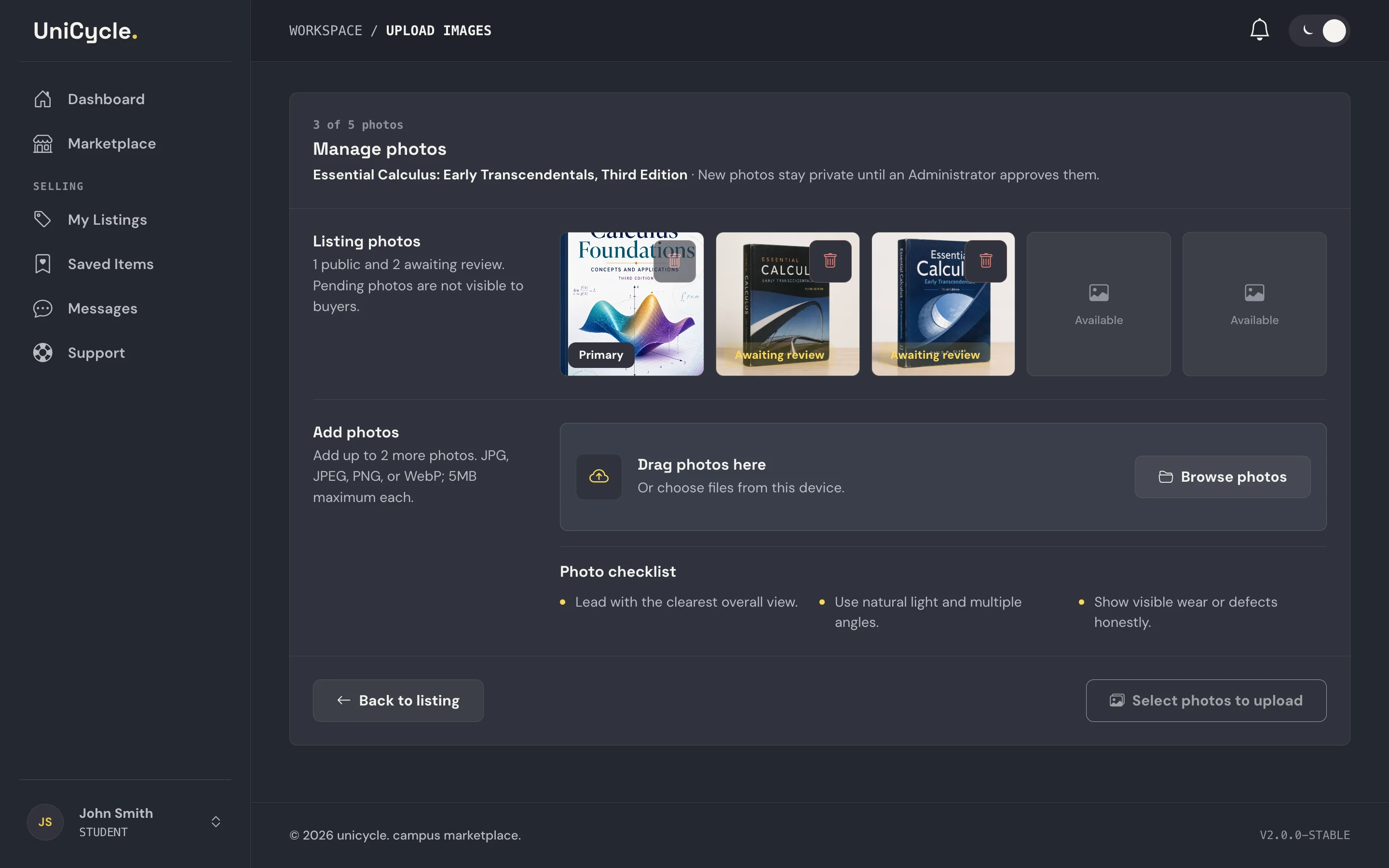 Student photo manager showing one public image, two private images awaiting review, accepted file formats, capacity, and upload guidance.